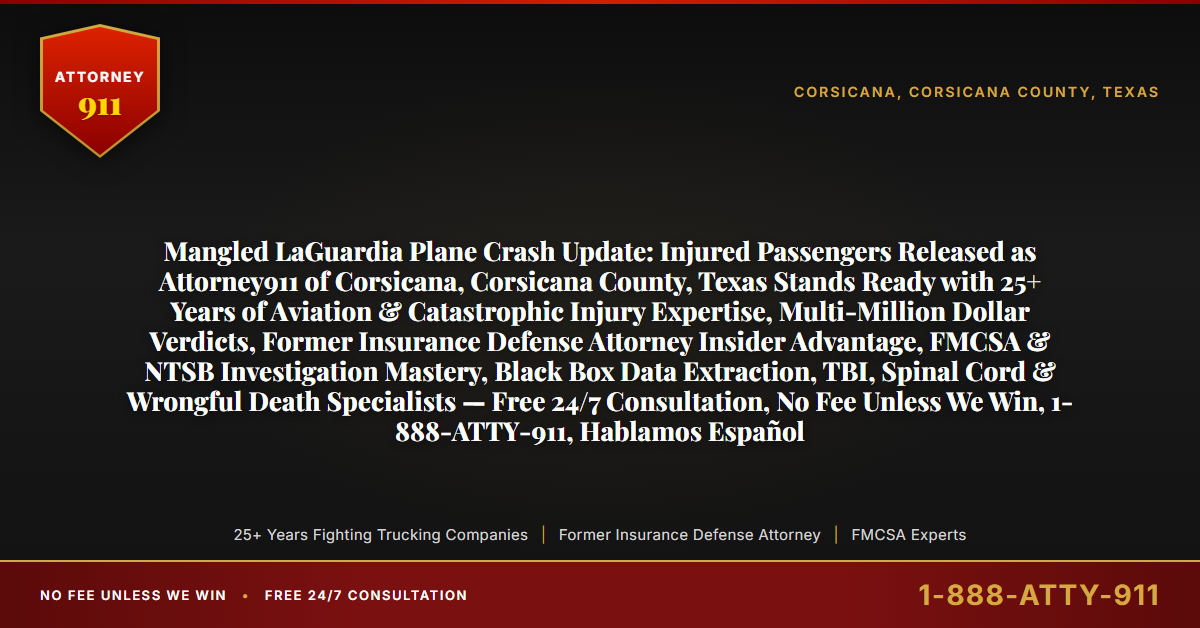Mangled LaGuardia Plane Crash Update: Injured Passengers Released as Attorney911 of Corsicana, Corsicana County, Texas Stands Ready with 25+ Years of Aviation & Catastrophic Injury Expertise, Multi-Million Dollar Verdicts, Former Insurance Defense Attorney Insider Advantage, FMCSA & NTSB Investigation Mastery, Black Box Data Extraction, TBI, Spinal Cord & Wrongful Death Specialists — Free 24/7 Consultation, No Fee Unless We Win, 1-888-ATTY-911, Hablamos Español - Attorney911
