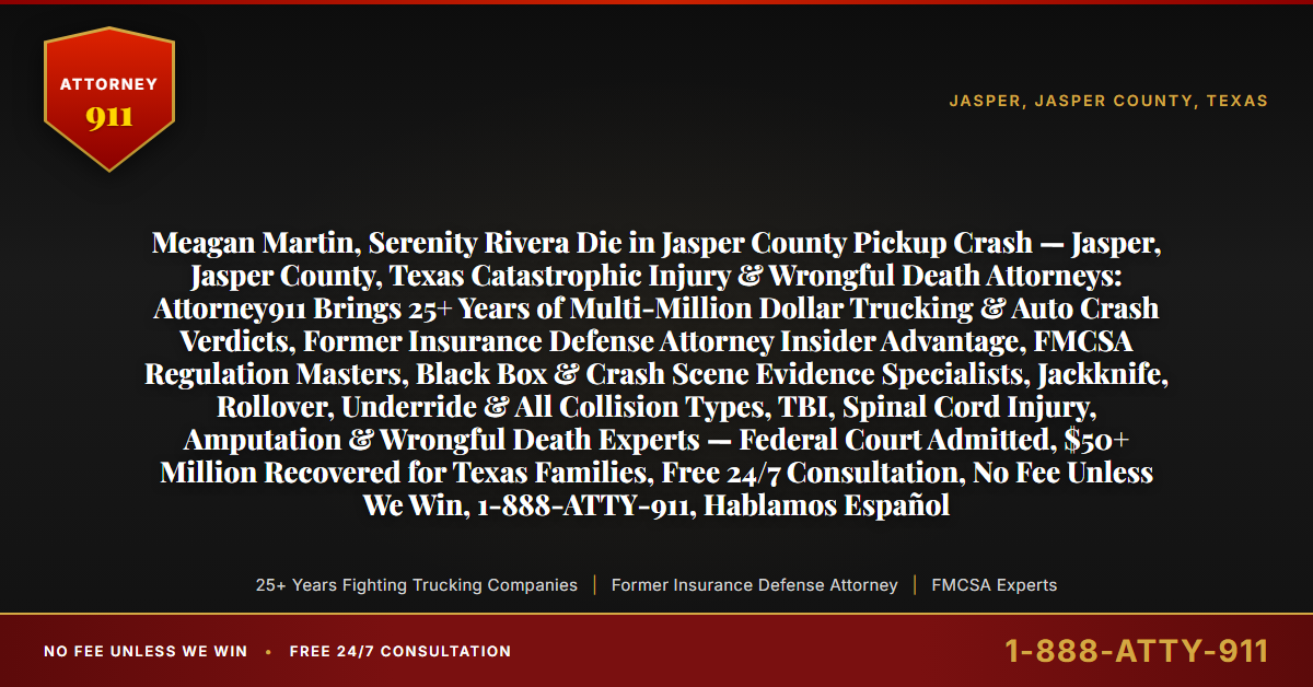 Meagan Martin, Serenity Rivera Die in Jasper County Pickup Crash — Jasper, Jasper County, Texas Catastrophic Injury & Wrongful Death Attorneys: Attorney911 Brings 25+ Years of Multi-Million Dollar Trucking & Auto Crash Verdicts, Former Insurance Defense Attorney Insider Advantage, FMCSA Regulation Masters, Black Box & Crash Scene Evidence Specialists, Jackknife, Rollover, Underride & All Collision Types, TBI, Spinal Cord Injury, Amputation & Wrongful Death Experts — Federal Court Admitted, $50+ Million Recovered for Texas Families, Free 24/7 Consultation, No Fee Unless We Win, 1-888-ATTY-911, Hablamos Español - Attorney911