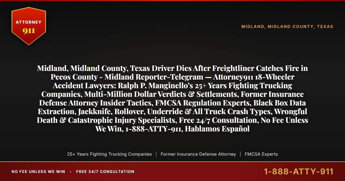 Midland, Midland County, Texas Driver Dies After Freightliner Catches Fire in Pecos County - Midland Reporter-Telegram — Attorney911 18-Wheeler Accident Lawyers: Ralph P. Manginello’s 25+ Years Fighting Trucking Companies, Multi-Million Dollar Verdicts & Settlements, Former Insurance Defense Attorney Insider Tactics, FMCSA Regulation Experts, Black Box Data Extraction, Jackknife, Rollover, Underride & All Truck Crash Types, Wrongful Death & Catastrophic Injury Specialists, Free 24/7 Consultation, No Fee Unless We Win, 1-888-ATTY-911, Hablamos Español - Attorney911