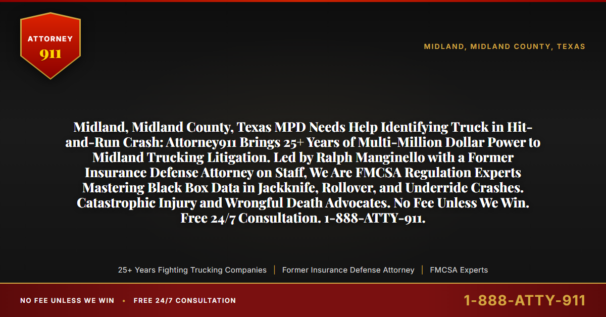 Midland, Midland County, Texas MPD Needs Help Identifying Truck in Hit-and-Run Crash: Attorney911 Brings 25+ Years of Multi-Million Dollar Power to Midland Trucking Litigation. Led by Ralph Manginello with a Former Insurance Defense Attorney on Staff, We Are FMCSA Regulation Experts Mastering Black Box Data in Jackknife, Rollover, and Underride Crashes. Catastrophic Injury and Wrongful Death Advocates. No Fee Unless We Win. Free 24/7 Consultation. 1-888-ATTY-911. - Attorney911
