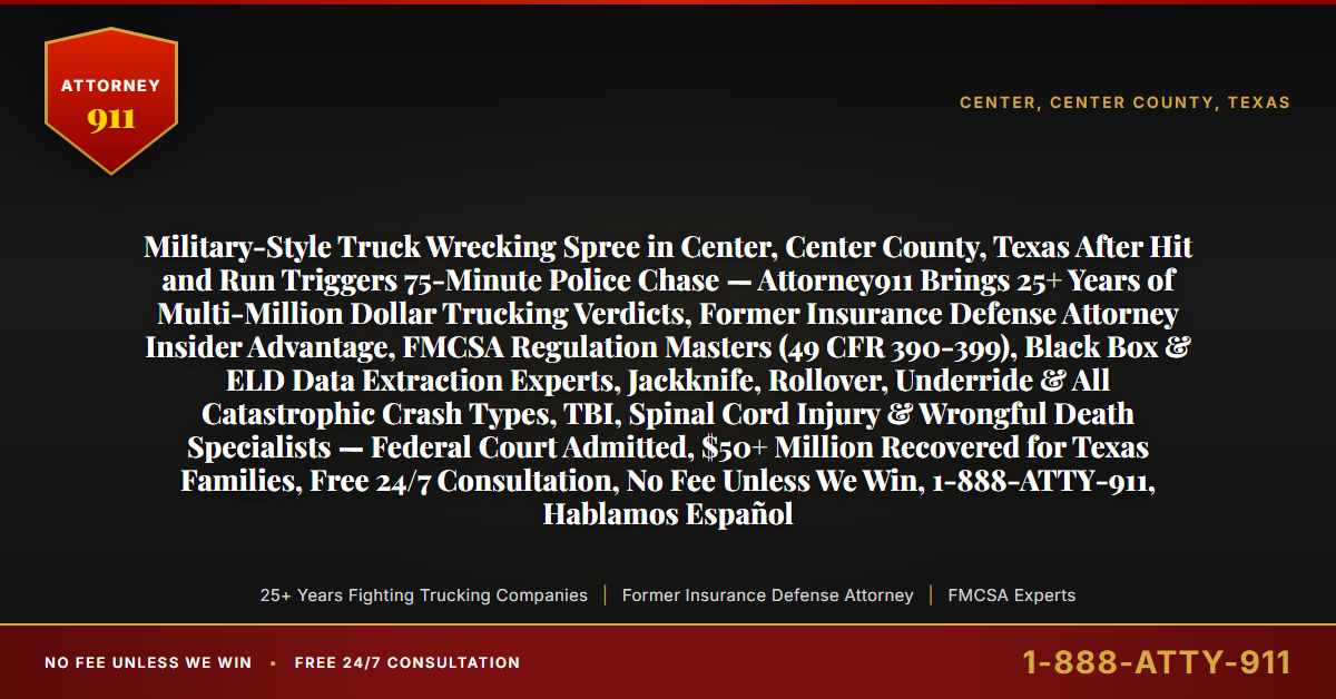 Military-Style Truck Wrecking Spree in Center, Center County, Texas After Hit and Run Triggers 75-Minute Police Chase — Attorney911 Brings 25+ Years of Multi-Million Dollar Trucking Verdicts, Former Insurance Defense Attorney Insider Advantage, FMCSA Regulation Masters (49 CFR 390-399), Black Box & ELD Data Extraction Experts, Jackknife, Rollover, Underride & All Catastrophic Crash Types, TBI, Spinal Cord Injury & Wrongful Death Specialists — Federal Court Admitted, $50+ Million Recovered for Texas Families, Free 24/7 Consultation, No Fee Unless We Win, 1-888-ATTY-911, Hablamos Español - Attorney911