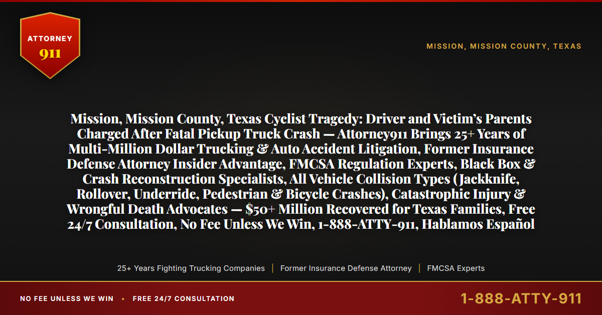 Mission, Mission County, Texas Cyclist Tragedy: Driver and Victim’s Parents Charged After Fatal Pickup Truck Crash — Attorney911 Brings 25+ Years of Multi-Million Dollar Trucking & Auto Accident Litigation, Former Insurance Defense Attorney Insider Advantage, FMCSA Regulation Experts, Black Box & Crash Reconstruction Specialists, All Vehicle Collision Types (Jackknife, Rollover, Underride, Pedestrian & Bicycle Crashes), Catastrophic Injury & Wrongful Death Advocates — $50+ Million Recovered for Texas Families, Free 24/7 Consultation, No Fee Unless We Win, 1-888-ATTY-911, Hablamos Español - Attorney911