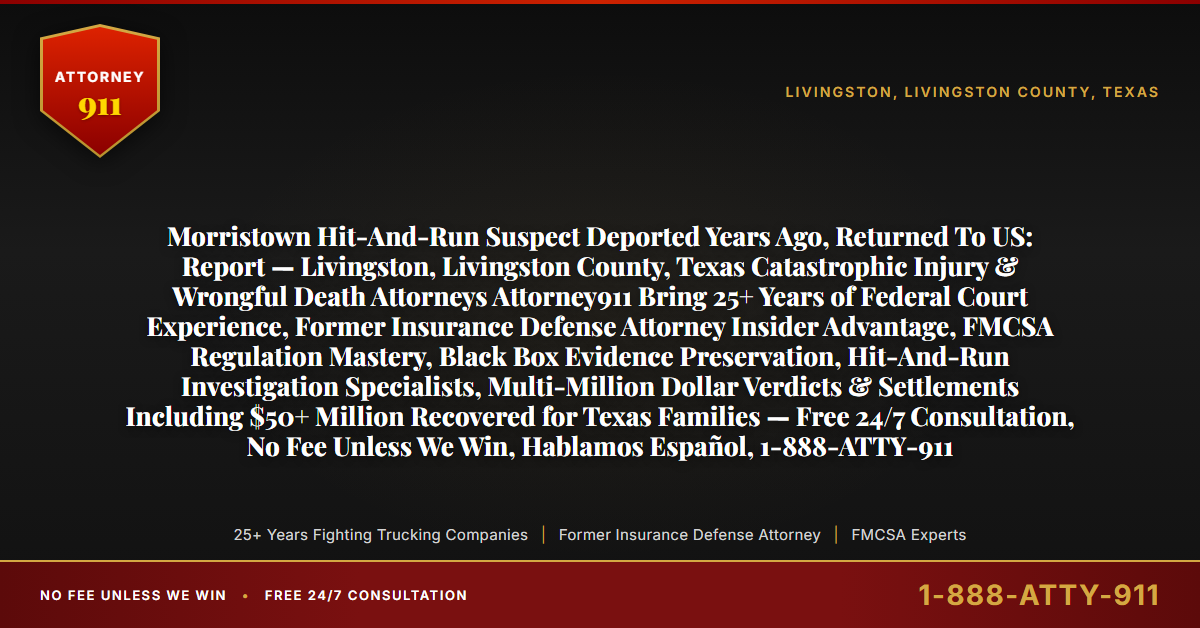 Morristown Hit-And-Run Suspect Deported Years Ago, Returned To US: Report — Livingston, Livingston County, Texas Catastrophic Injury & Wrongful Death Attorneys Attorney911 Bring 25+ Years of Federal Court Experience, Former Insurance Defense Attorney Insider Advantage, FMCSA Regulation Mastery, Black Box Evidence Preservation, Hit-And-Run Investigation Specialists, Multi-Million Dollar Verdicts & Settlements Including $50+ Million Recovered for Texas Families — Free 24/7 Consultation, No Fee Unless We Win, Hablamos Español, 1-888-ATTY-911 - Attorney911