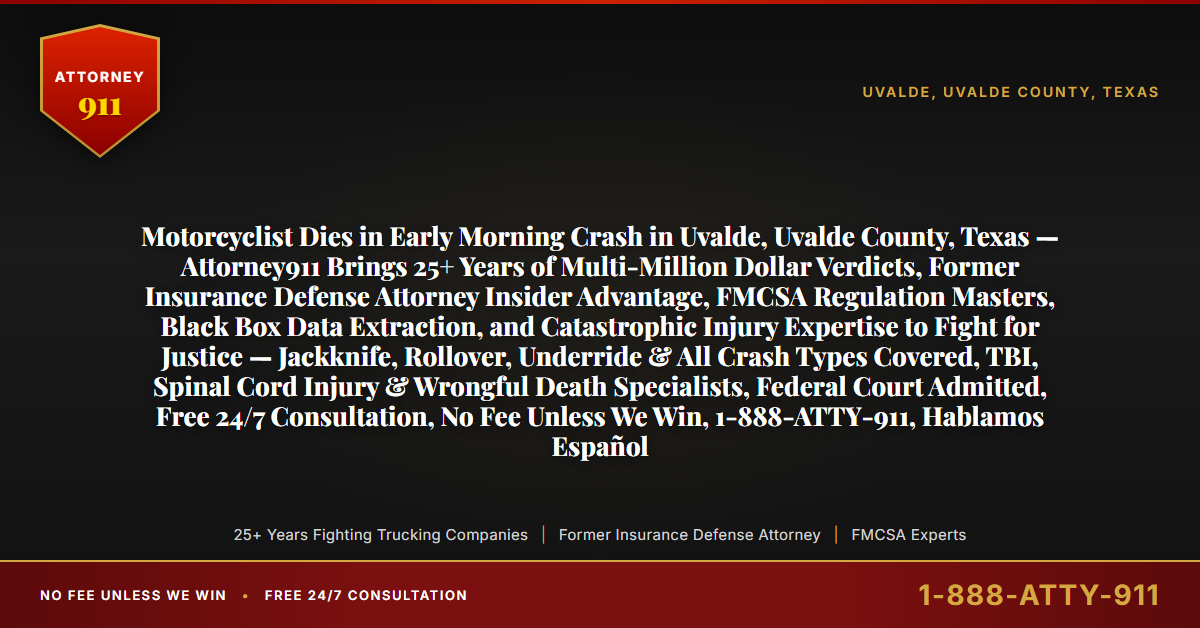 Motorcyclist Dies in Early Morning Crash in Uvalde, Uvalde County, Texas — Attorney911 Brings 25+ Years of Multi-Million Dollar Verdicts, Former Insurance Defense Attorney Insider Advantage, FMCSA Regulation Masters, Black Box Data Extraction, and Catastrophic Injury Expertise to Fight for Justice — Jackknife, Rollover, Underride & All Crash Types Covered, TBI, Spinal Cord Injury & Wrongful Death Specialists, Federal Court Admitted, Free 24/7 Consultation, No Fee Unless We Win, 1-888-ATTY-911, Hablamos Español - Attorney911