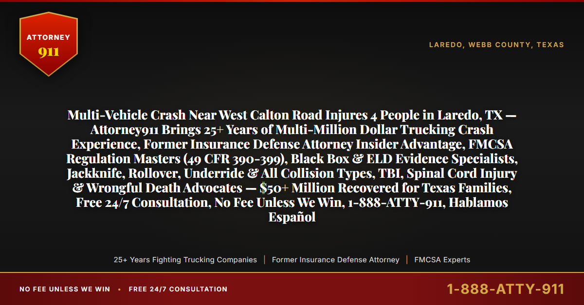 Multi-Vehicle Crash Near West Calton Road Injures 4 People in Laredo, TX — Attorney911 Brings 25+ Years of Multi-Million Dollar Trucking Crash Experience, Former Insurance Defense Attorney Insider Advantage, FMCSA Regulation Masters (49 CFR 390-399), Black Box & ELD Evidence Specialists, Jackknife, Rollover, Underride & All Collision Types, TBI, Spinal Cord Injury & Wrongful Death Advocates — $50+ Million Recovered for Texas Families, Free 24/7 Consultation, No Fee Unless We Win, 1-888-ATTY-911, Hablamos Español - Attorney911