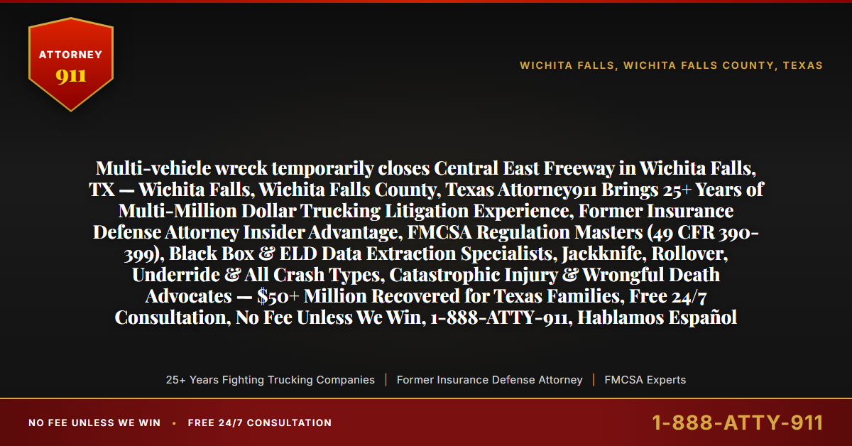 Multi-vehicle wreck temporarily closes Central East Freeway in Wichita Falls, TX — Wichita Falls, Wichita Falls County, Texas Attorney911 Brings 25+ Years of Multi-Million Dollar Trucking Litigation Experience, Former Insurance Defense Attorney Insider Advantage, FMCSA Regulation Masters (49 CFR 390-399), Black Box & ELD Data Extraction Specialists, Jackknife, Rollover, Underride & All Crash Types, Catastrophic Injury & Wrongful Death Advocates — $50+ Million Recovered for Texas Families, Free 24/7 Consultation, No Fee Unless We Win, 1-888-ATTY-911, Hablamos Español - Attorney911