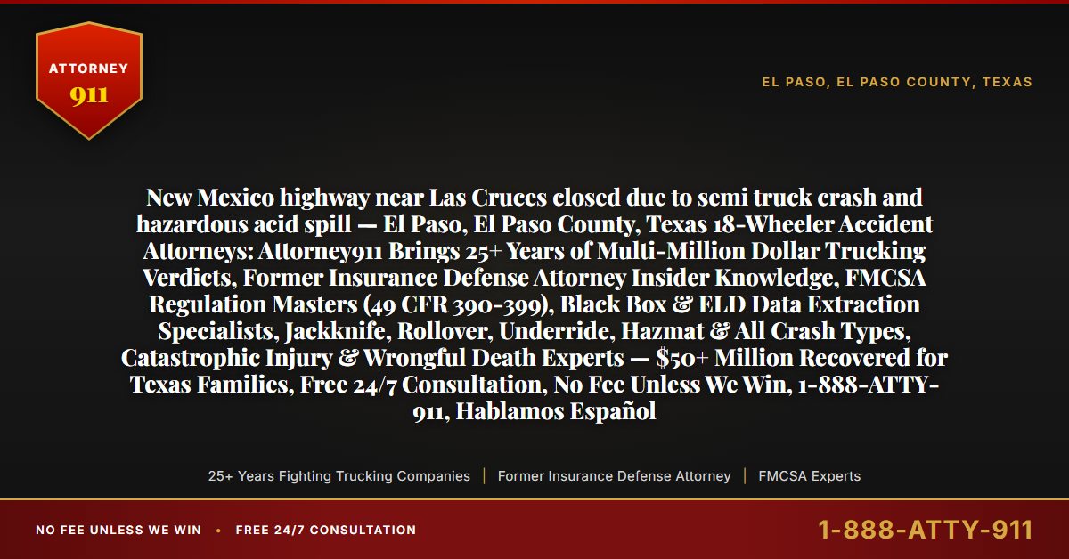 New Mexico highway near Las Cruces closed due to semi truck crash and hazardous acid spill — El Paso, El Paso County, Texas 18-Wheeler Accident Attorneys: Attorney911 Brings 25+ Years of Multi-Million Dollar Trucking Verdicts, Former Insurance Defense Attorney Insider Knowledge, FMCSA Regulation Masters (49 CFR 390-399), Black Box & ELD Data Extraction Specialists, Jackknife, Rollover, Underride, Hazmat & All Crash Types, Catastrophic Injury & Wrongful Death Experts — $50+ Million Recovered for Texas Families, Free 24/7 Consultation, No Fee Unless We Win, 1-888-ATTY-911, Hablamos Español - Attorney911