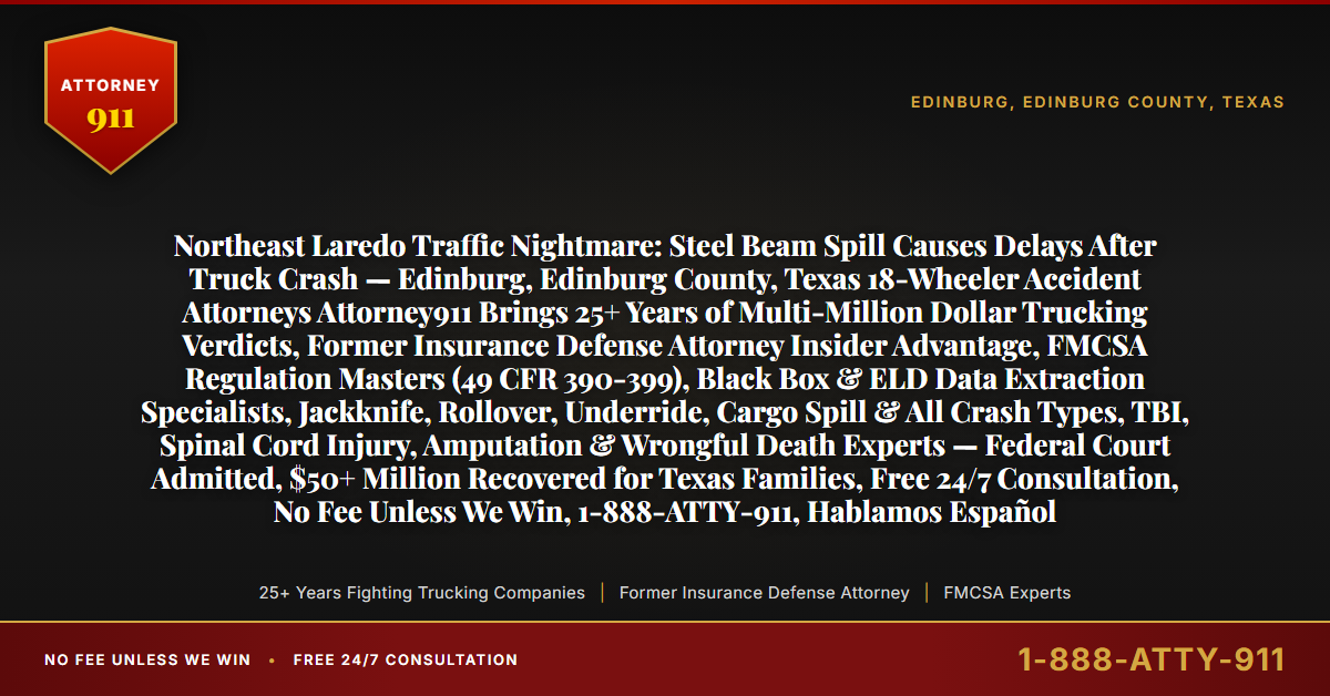 Northeast Laredo Traffic Nightmare: Steel Beam Spill Causes Delays After Truck Crash — Edinburg, Edinburg County, Texas 18-Wheeler Accident Attorneys Attorney911 Brings 25+ Years of Multi-Million Dollar Trucking Verdicts, Former Insurance Defense Attorney Insider Advantage, FMCSA Regulation Masters (49 CFR 390-399), Black Box & ELD Data Extraction Specialists, Jackknife, Rollover, Underride, Cargo Spill & All Crash Types, TBI, Spinal Cord Injury, Amputation & Wrongful Death Experts — Federal Court Admitted, $50+ Million Recovered for Texas Families, Free 24/7 Consultation, No Fee Unless We Win, 1-888-ATTY-911, Hablamos Español - Attorney911