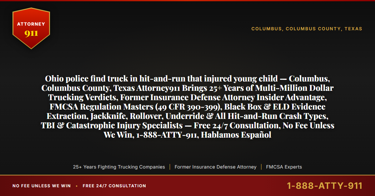 Ohio police find truck in hit-and-run that injured young child — Columbus, Columbus County, Texas Attorney911 Brings 25+ Years of Multi-Million Dollar Trucking Verdicts, Former Insurance Defense Attorney Insider Advantage, FMCSA Regulation Masters (49 CFR 390-399), Black Box & ELD Evidence Extraction, Jackknife, Rollover, Underride & All Hit-and-Run Crash Types, TBI & Catastrophic Injury Specialists — Free 24/7 Consultation, No Fee Unless We Win, 1-888-ATTY-911, Hablamos Español - Attorney911