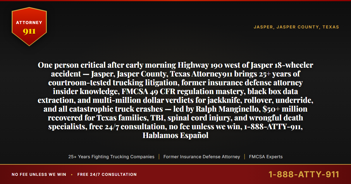 One person critical after early morning Highway 190 west of Jasper 18-wheeler accident — Jasper, Jasper County, Texas Attorney911 brings 25+ years of courtroom-tested trucking litigation, former insurance defense attorney insider knowledge, FMCSA 49 CFR regulation mastery, black box data extraction, and multi-million dollar verdicts for jackknife, rollover, underride, and all catastrophic truck crashes — led by Ralph Manginello, $50+ million recovered for Texas families, TBI, spinal cord injury, and wrongful death specialists, free 24/7 consultation, no fee unless we win, 1-888-ATTY-911, Hablamos Español - Attorney911