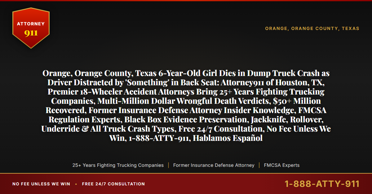 Orange, Orange County, Texas 6-Year-Old Girl Dies in Dump Truck Crash as Driver Distracted by 'Something' in Back Seat: Attorney911 of Houston, TX, Premier 18-Wheeler Accident Attorneys Bring 25+ Years Fighting Trucking Companies, Multi-Million Dollar Wrongful Death Verdicts, $50+ Million Recovered, Former Insurance Defense Attorney Insider Knowledge, FMCSA Regulation Experts, Black Box Evidence Preservation, Jackknife, Rollover, Underride & All Truck Crash Types, Free 24/7 Consultation, No Fee Unless We Win, 1-888-ATTY-911, Hablamos Español - Attorney911