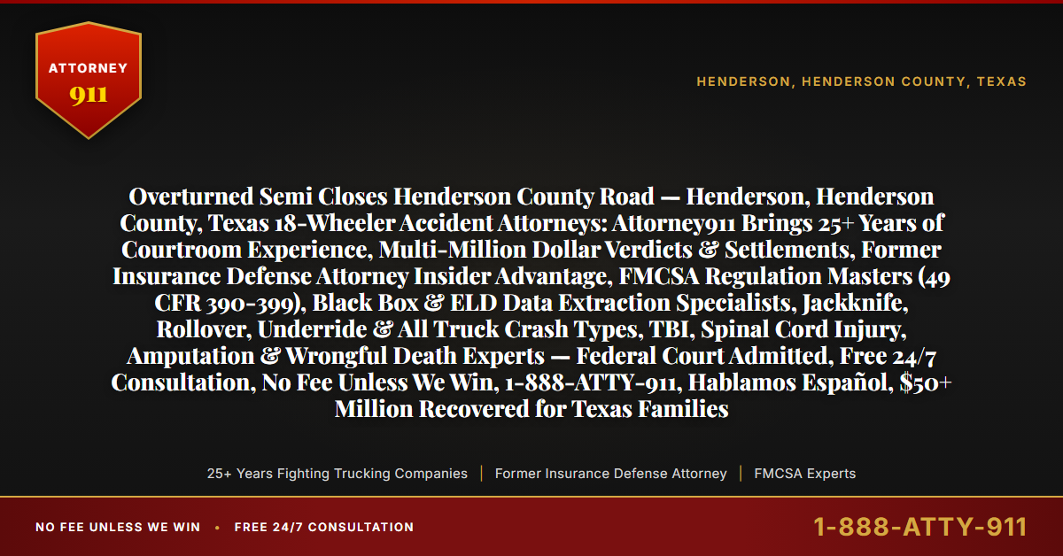 Overturned Semi Closes Henderson County Road — Henderson, Henderson County, Texas 18-Wheeler Accident Attorneys: Attorney911 Brings 25+ Years of Courtroom Experience, Multi-Million Dollar Verdicts & Settlements, Former Insurance Defense Attorney Insider Advantage, FMCSA Regulation Masters (49 CFR 390-399), Black Box & ELD Data Extraction Specialists, Jackknife, Rollover, Underride & All Truck Crash Types, TBI, Spinal Cord Injury, Amputation & Wrongful Death Experts — Federal Court Admitted, Free 24/7 Consultation, No Fee Unless We Win, 1-888-ATTY-911, Hablamos Español, $50+ Million Recovered for Texas Families - Attorney911