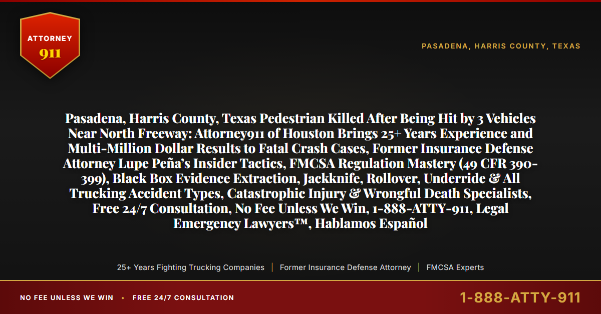 Pasadena, Harris County, Texas Pedestrian Killed After Being Hit by 3 Vehicles Near North Freeway: Attorney911 of Houston Brings 25+ Years Experience and Multi-Million Dollar Results to Fatal Crash Cases, Former Insurance Defense Attorney Lupe Peña’s Insider Tactics, FMCSA Regulation Mastery (49 CFR 390-399), Black Box Evidence Extraction, Jackknife, Rollover, Underride & All Trucking Accident Types, Catastrophic Injury & Wrongful Death Specialists, Free 24/7 Consultation, No Fee Unless We Win, 1-888-ATTY-911, Legal Emergency Lawyers™, Hablamos Español - Attorney911