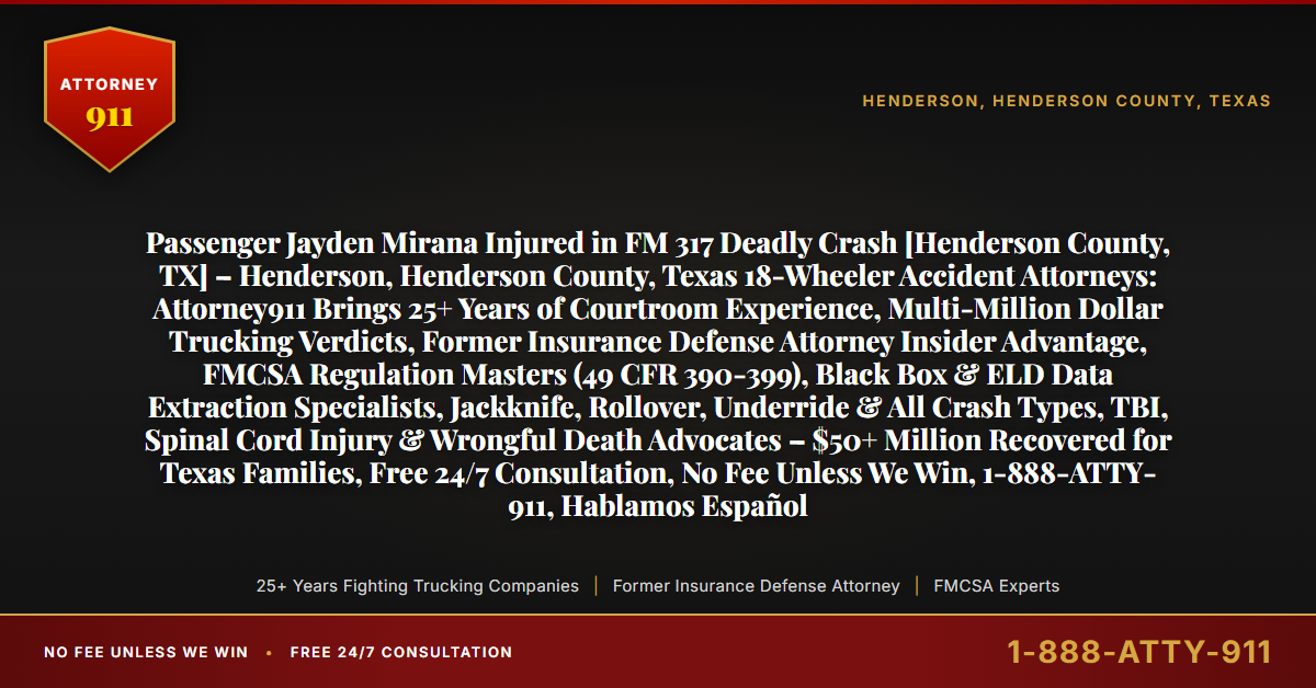 Passenger Jayden Mirana Injured in FM 317 Deadly Crash [Henderson County, TX] – Henderson, Henderson County, Texas 18-Wheeler Accident Attorneys: Attorney911 Brings 25+ Years of Courtroom Experience, Multi-Million Dollar Trucking Verdicts, Former Insurance Defense Attorney Insider Advantage, FMCSA Regulation Masters (49 CFR 390-399), Black Box & ELD Data Extraction Specialists, Jackknife, Rollover, Underride & All Crash Types, TBI, Spinal Cord Injury & Wrongful Death Advocates – $50+ Million Recovered for Texas Families, Free 24/7 Consultation, No Fee Unless We Win, 1-888-ATTY-911, Hablamos Español - Attorney911