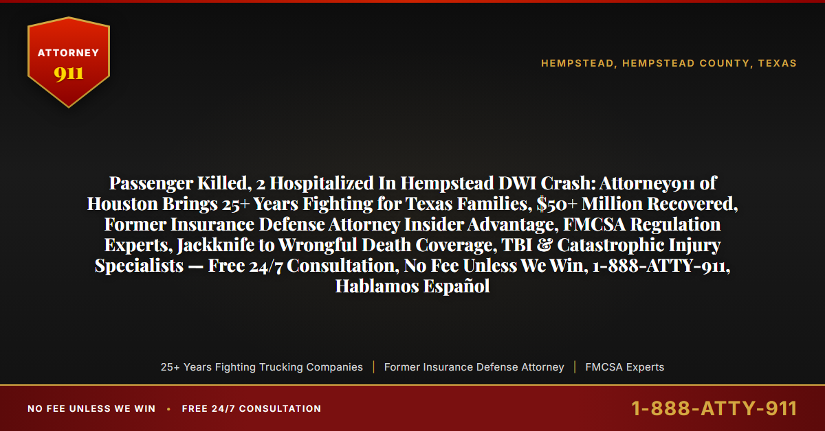 Passenger Killed, 2 Hospitalized In Hempstead DWI Crash: Attorney911 of Houston Brings 25+ Years Fighting for Texas Families, $50+ Million Recovered, Former Insurance Defense Attorney Insider Advantage, FMCSA Regulation Experts, Jackknife to Wrongful Death Coverage, TBI & Catastrophic Injury Specialists — Free 24/7 Consultation, No Fee Unless We Win, 1-888-ATTY-911, Hablamos Español - Attorney911