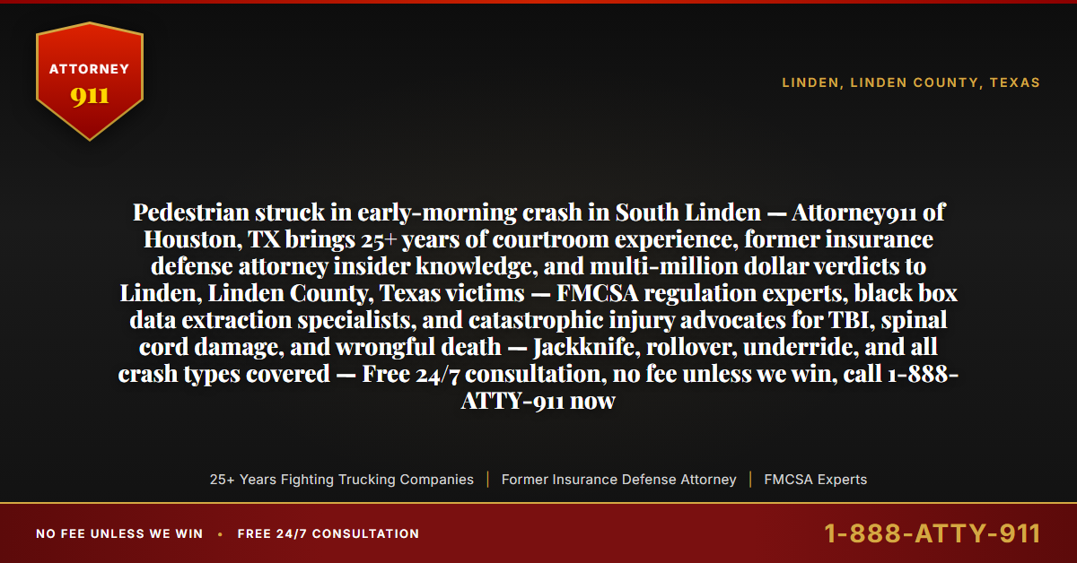 Pedestrian struck in early-morning crash in South Linden — Attorney911 of Houston, TX brings 25+ years of courtroom experience, former insurance defense attorney insider knowledge, and multi-million dollar verdicts to Linden, Linden County, Texas victims — FMCSA regulation experts, black box data extraction specialists, and catastrophic injury advocates for TBI, spinal cord damage, and wrongful death — Jackknife, rollover, underride, and all crash types covered — Free 24/7 consultation, no fee unless we win, call 1-888-ATTY-911 now - Attorney911