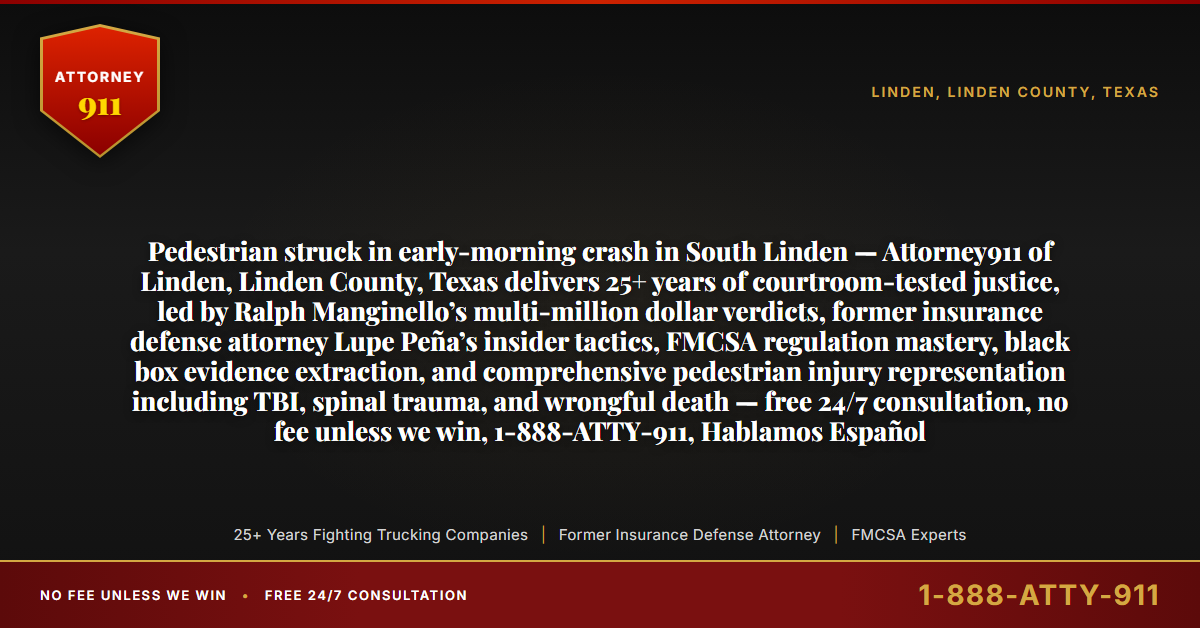Pedestrian struck in early-morning crash in South Linden — Attorney911 of Linden, Linden County, Texas delivers 25+ years of courtroom-tested justice, led by Ralph Manginello’s multi-million dollar verdicts, former insurance defense attorney Lupe Peña’s insider tactics, FMCSA regulation mastery, black box evidence extraction, and comprehensive pedestrian injury representation including TBI, spinal trauma, and wrongful death — free 24/7 consultation, no fee unless we win, 1-888-ATTY-911, Hablamos Español - Attorney911