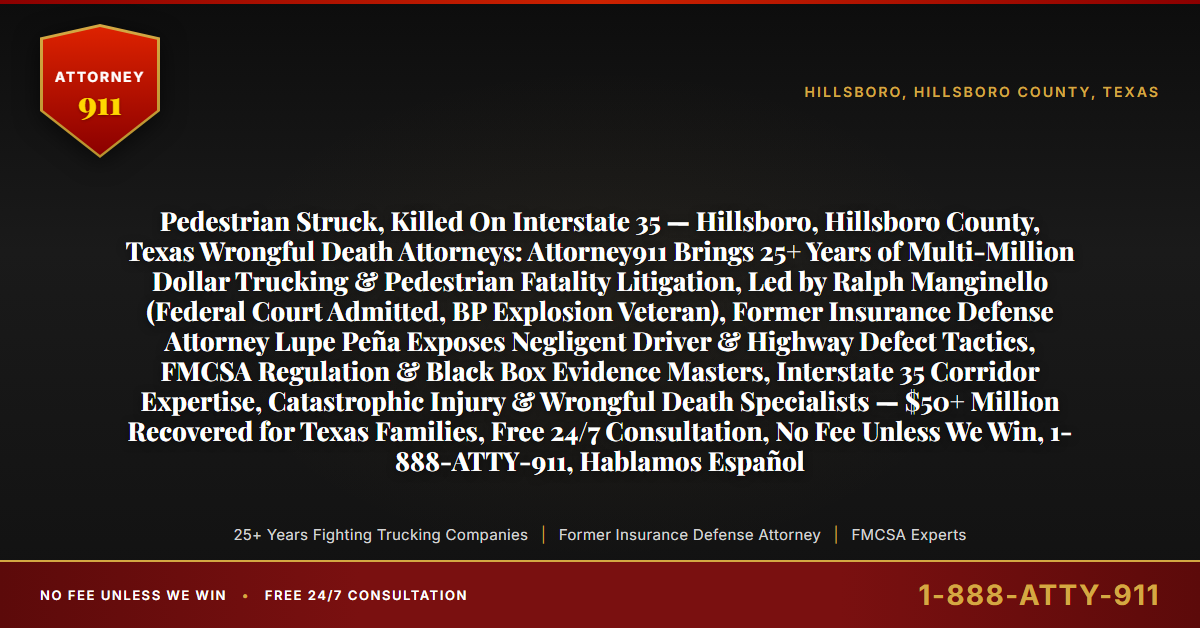 Pedestrian Struck, Killed On Interstate 35 — Hillsboro, Hillsboro County, Texas Wrongful Death Attorneys: Attorney911 Brings 25+ Years of Multi-Million Dollar Trucking & Pedestrian Fatality Litigation, Led by Ralph Manginello (Federal Court Admitted, BP Explosion Veteran), Former Insurance Defense Attorney Lupe Peña Exposes Negligent Driver & Highway Defect Tactics, FMCSA Regulation & Black Box Evidence Masters, Interstate 35 Corridor Expertise, Catastrophic Injury & Wrongful Death Specialists — $50+ Million Recovered for Texas Families, Free 24/7 Consultation, No Fee Unless We Win, 1-888-ATTY-911, Hablamos Español - Attorney911