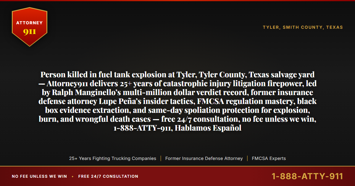 Person killed in fuel tank explosion at Tyler, Tyler County, Texas salvage yard — Attorney911 delivers 25+ years of catastrophic injury litigation firepower, led by Ralph Manginello’s multi-million dollar verdict record, former insurance defense attorney Lupe Peña’s insider tactics, FMCSA regulation mastery, black box evidence extraction, and same-day spoliation protection for explosion, burn, and wrongful death cases — free 24/7 consultation, no fee unless we win, 1-888-ATTY-911, Hablamos Español - Attorney911