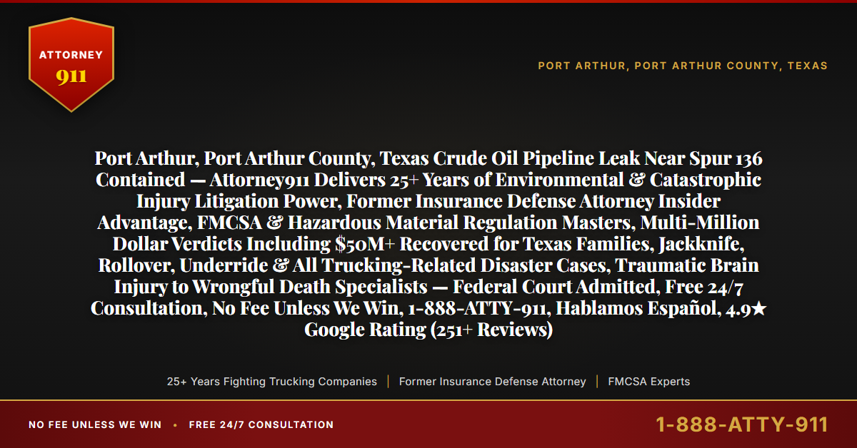 Port Arthur, Port Arthur County, Texas Crude Oil Pipeline Leak Near Spur 136 Contained — Attorney911 Delivers 25+ Years of Environmental & Catastrophic Injury Litigation Power, Former Insurance Defense Attorney Insider Advantage, FMCSA & Hazardous Material Regulation Masters, Multi-Million Dollar Verdicts Including $50M+ Recovered for Texas Families, Jackknife, Rollover, Underride & All Trucking-Related Disaster Cases, Traumatic Brain Injury to Wrongful Death Specialists — Federal Court Admitted, Free 24/7 Consultation, No Fee Unless We Win, 1-888-ATTY-911, Hablamos Español, 4.9★ Google Rating (251+ Reviews) - Attorney911