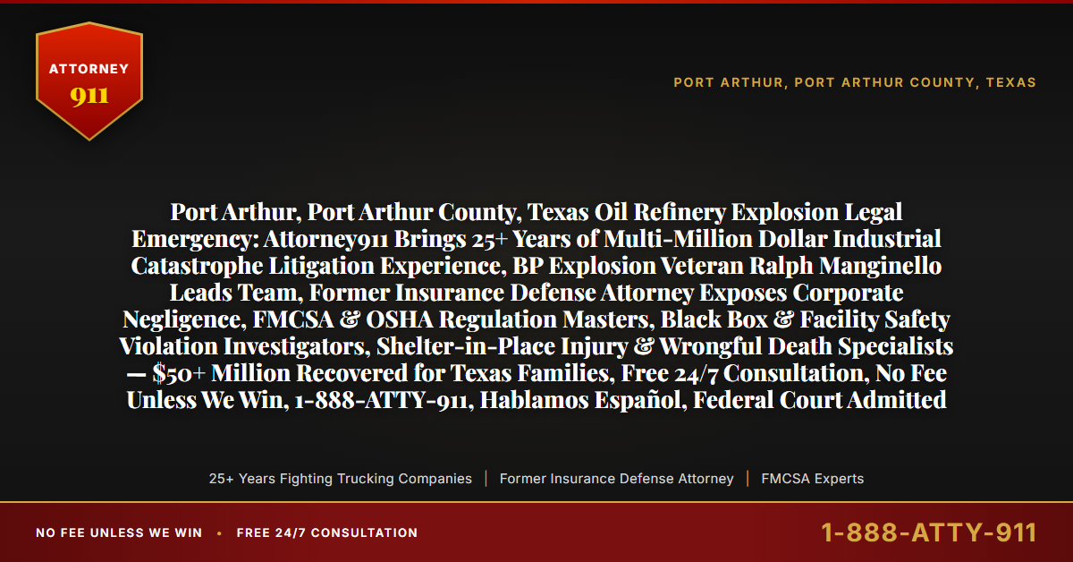 Port Arthur, Port Arthur County, Texas Oil Refinery Explosion Legal Emergency: Attorney911 Brings 25+ Years of Multi-Million Dollar Industrial Catastrophe Litigation Experience, BP Explosion Veteran Ralph Manginello Leads Team, Former Insurance Defense Attorney Exposes Corporate Negligence, FMCSA & OSHA Regulation Masters, Black Box & Facility Safety Violation Investigators, Shelter-in-Place Injury & Wrongful Death Specialists — $50+ Million Recovered for Texas Families, Free 24/7 Consultation, No Fee Unless We Win, 1-888-ATTY-911, Hablamos Español, Federal Court Admitted - Attorney911