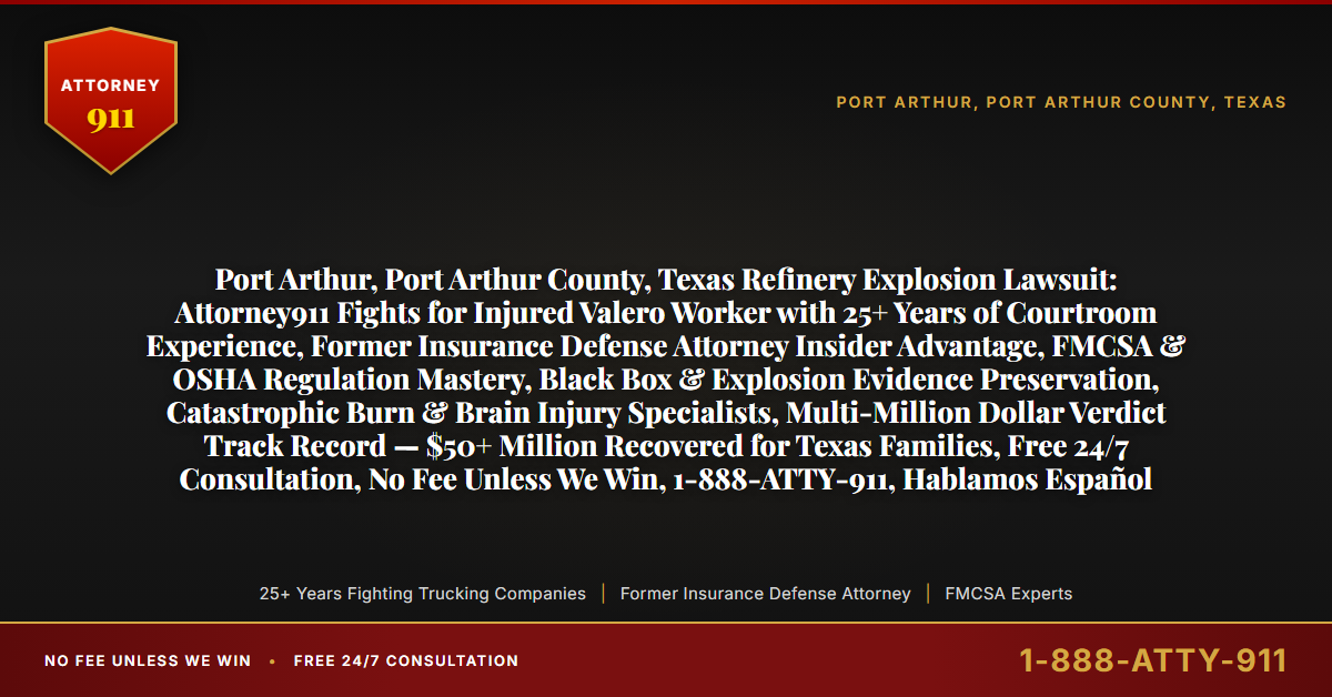 Port Arthur, Port Arthur County, Texas Refinery Explosion Lawsuit: Attorney911 Fights for Injured Valero Worker with 25+ Years of Courtroom Experience, Former Insurance Defense Attorney Insider Advantage, FMCSA & OSHA Regulation Mastery, Black Box & Explosion Evidence Preservation, Catastrophic Burn & Brain Injury Specialists, Multi-Million Dollar Verdict Track Record — $50+ Million Recovered for Texas Families, Free 24/7 Consultation, No Fee Unless We Win, 1-888-ATTY-911, Hablamos Español - Attorney911
