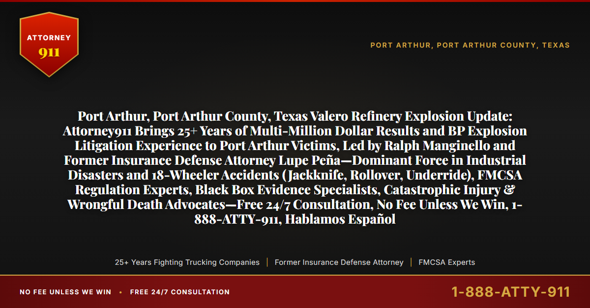 Port Arthur, Port Arthur County, Texas Valero Refinery Explosion Update: Attorney911 Brings 25+ Years of Multi-Million Dollar Results and BP Explosion Litigation Experience to Port Arthur Victims, Led by Ralph Manginello and Former Insurance Defense Attorney Lupe Peña—Dominant Force in Industrial Disasters and 18-Wheeler Accidents (Jackknife, Rollover, Underride), FMCSA Regulation Experts, Black Box Evidence Specialists, Catastrophic Injury & Wrongful Death Advocates—Free 24/7 Consultation, No Fee Unless We Win, 1-888-ATTY-911, Hablamos Español - Attorney911