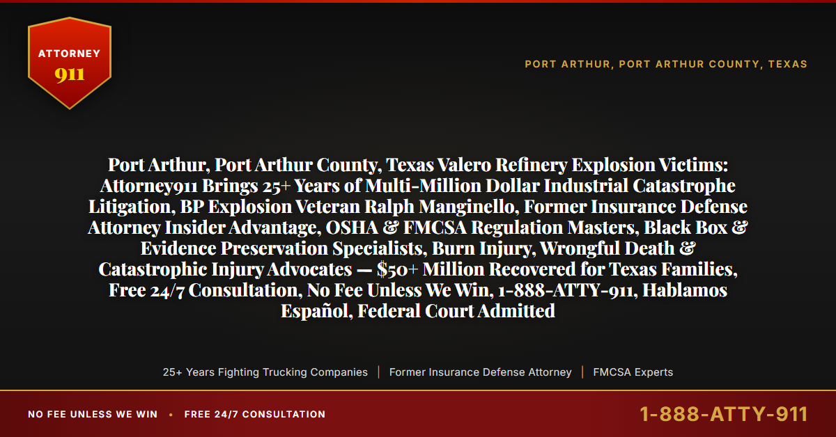 Port Arthur, Port Arthur County, Texas Valero Refinery Explosion Victims: Attorney911 Brings 25+ Years of Multi-Million Dollar Industrial Catastrophe Litigation, BP Explosion Veteran Ralph Manginello, Former Insurance Defense Attorney Insider Advantage, OSHA & FMCSA Regulation Masters, Black Box & Evidence Preservation Specialists, Burn Injury, Wrongful Death & Catastrophic Injury Advocates — $50+ Million Recovered for Texas Families, Free 24/7 Consultation, No Fee Unless We Win, 1-888-ATTY-911, Hablamos Español, Federal Court Admitted - Attorney911