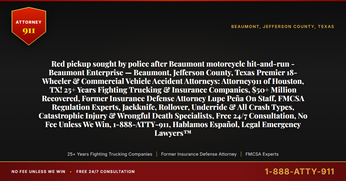 Red pickup sought by police after Beaumont motorcycle hit-and-run - Beaumont Enterprise — Beaumont, Jefferson County, Texas Premier 18-Wheeler & Commercial Vehicle Accident Attorneys: Attorney911 of Houston, TX! 25+ Years Fighting Trucking & Insurance Companies, $50+ Million Recovered, Former Insurance Defense Attorney Lupe Peña On Staff, FMCSA Regulation Experts, Jackknife, Rollover, Underride & All Crash Types, Catastrophic Injury & Wrongful Death Specialists, Free 24/7 Consultation, No Fee Unless We Win, 1-888-ATTY-911, Hablamos Español, Legal Emergency Lawyers™ - Attorney911