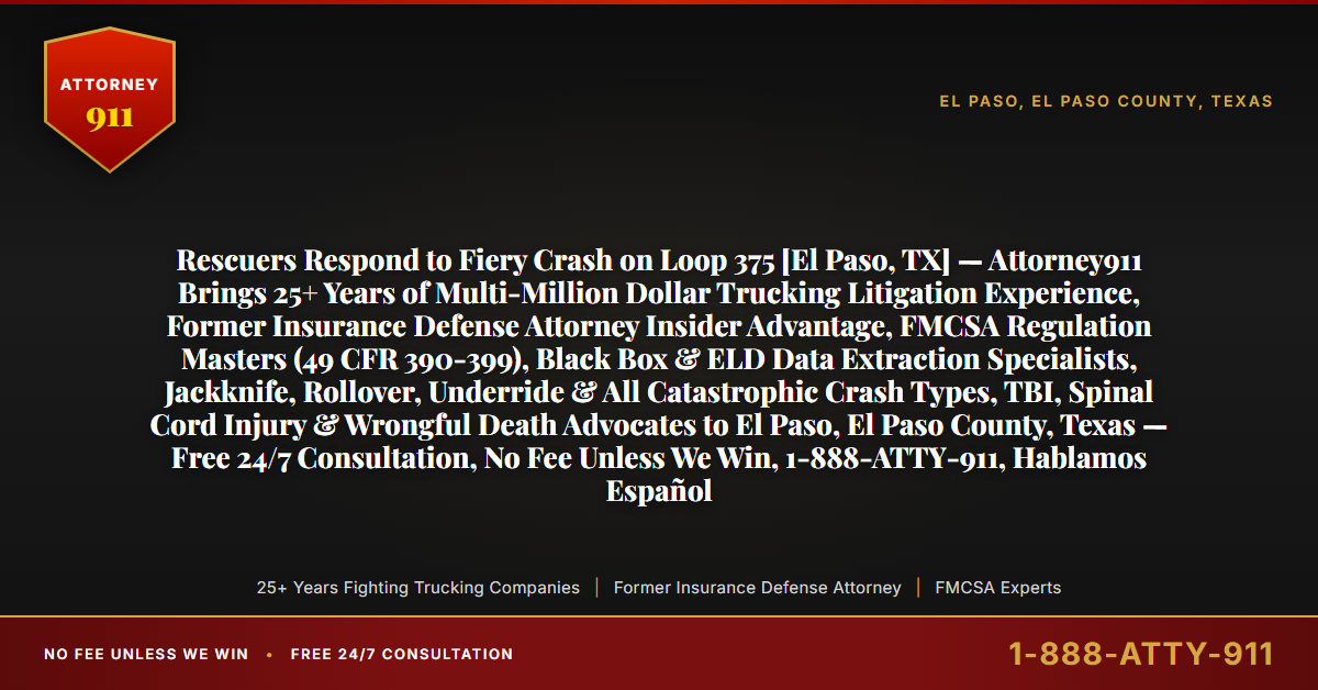 Rescuers Respond to Fiery Crash on Loop 375 [El Paso, TX] — Attorney911 Brings 25+ Years of Multi-Million Dollar Trucking Litigation Experience, Former Insurance Defense Attorney Insider Advantage, FMCSA Regulation Masters (49 CFR 390-399), Black Box & ELD Data Extraction Specialists, Jackknife, Rollover, Underride & All Catastrophic Crash Types, TBI, Spinal Cord Injury & Wrongful Death Advocates to El Paso, El Paso County, Texas — Free 24/7 Consultation, No Fee Unless We Win, 1-888-ATTY-911, Hablamos Español - Attorney911
