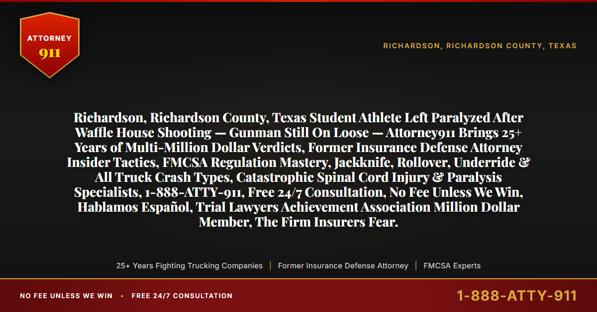 Richardson, Richardson County, Texas Student Athlete Left Paralyzed After Waffle House Shooting — Gunman Still On Loose — Attorney911 Brings 25+ Years of Multi-Million Dollar Verdicts, Former Insurance Defense Attorney Insider Tactics, FMCSA Regulation Mastery, Jackknife, Rollover, Underride & All Truck Crash Types, Catastrophic Spinal Cord Injury & Paralysis Specialists, 1-888-ATTY-911, Free 24/7 Consultation, No Fee Unless We Win, Hablamos Español, Trial Lawyers Achievement Association Million Dollar Member, The Firm Insurers Fear. - Attorney911