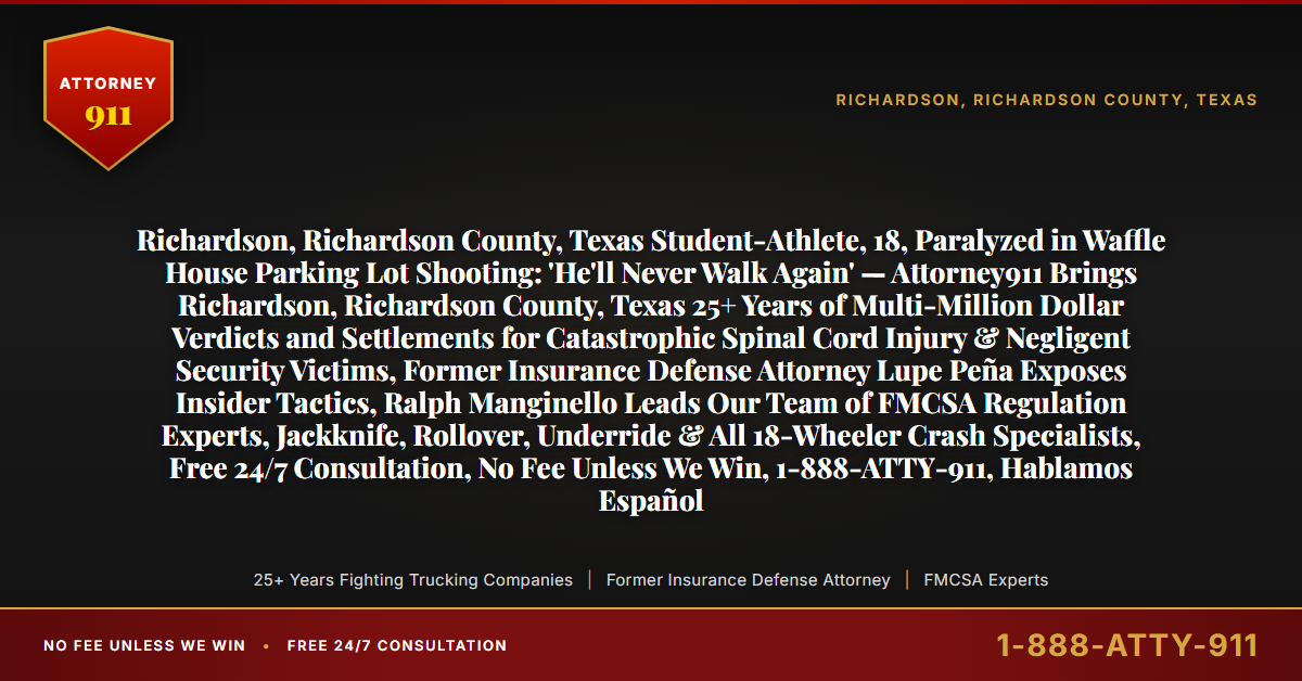 Richardson, Richardson County, Texas Student-Athlete, 18, Paralyzed in Waffle House Parking Lot Shooting: 'He'll Never Walk Again' — Attorney911 Brings Richardson, Richardson County, Texas 25+ Years of Multi-Million Dollar Verdicts and Settlements for Catastrophic Spinal Cord Injury & Negligent Security Victims, Former Insurance Defense Attorney Lupe Peña Exposes Insider Tactics, Ralph Manginello Leads Our Team of FMCSA Regulation Experts, Jackknife, Rollover, Underride & All 18-Wheeler Crash Specialists, Free 24/7 Consultation, No Fee Unless We Win, 1-888-ATTY-911, Hablamos Español - Attorney911