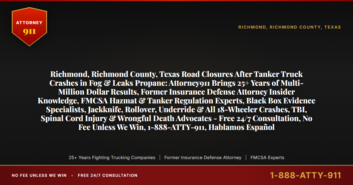 Richmond, Richmond County, Texas Road Closures After Tanker Truck Crashes in Fog & Leaks Propane: Attorney911 Brings 25+ Years of Multi-Million Dollar Results, Former Insurance Defense Attorney Insider Knowledge, FMCSA Hazmat & Tanker Regulation Experts, Black Box Evidence Specialists, Jackknife, Rollover, Underride & All 18-Wheeler Crashes, TBI, Spinal Cord Injury & Wrongful Death Advocates - Free 24/7 Consultation, No Fee Unless We Win, 1-888-ATTY-911, Hablamos Español - Attorney911