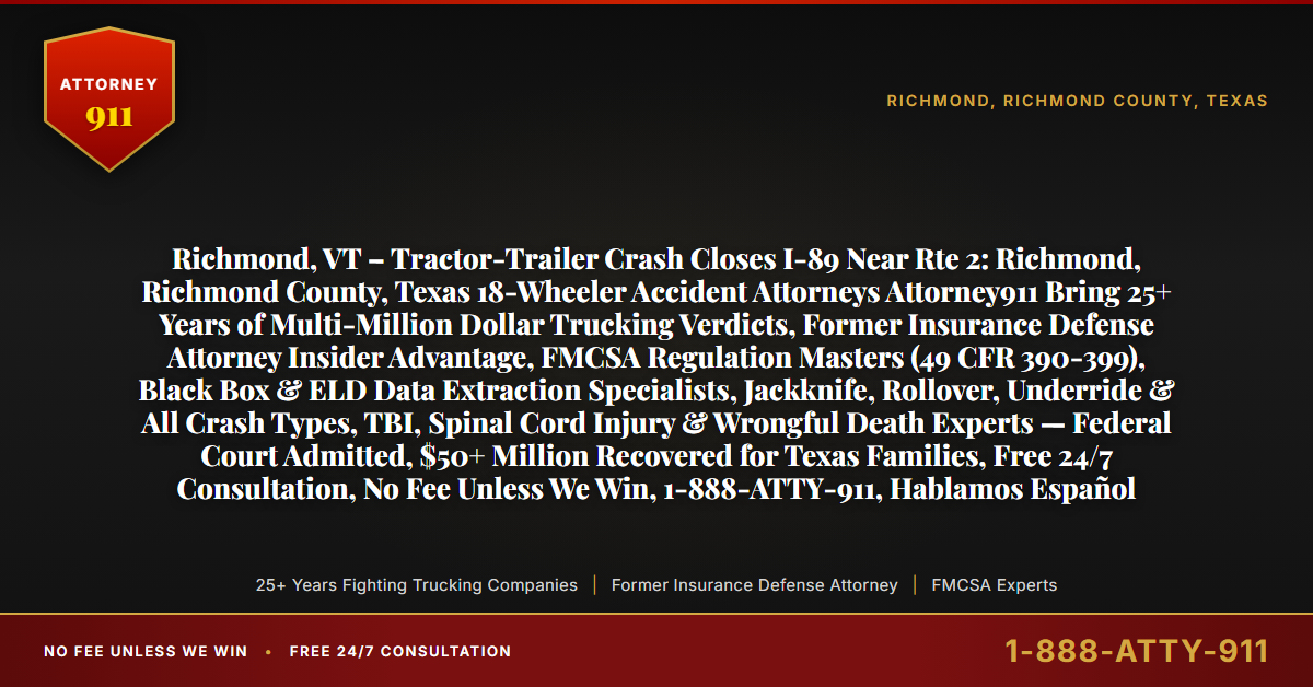 Richmond, VT – Tractor-Trailer Crash Closes I-89 Near Rte 2: Richmond, Richmond County, Texas 18-Wheeler Accident Attorneys Attorney911 Bring 25+ Years of Multi-Million Dollar Trucking Verdicts, Former Insurance Defense Attorney Insider Advantage, FMCSA Regulation Masters (49 CFR 390-399), Black Box & ELD Data Extraction Specialists, Jackknife, Rollover, Underride & All Crash Types, TBI, Spinal Cord Injury & Wrongful Death Experts — Federal Court Admitted, $50+ Million Recovered for Texas Families, Free 24/7 Consultation, No Fee Unless We Win, 1-888-ATTY-911, Hablamos Español - Attorney911