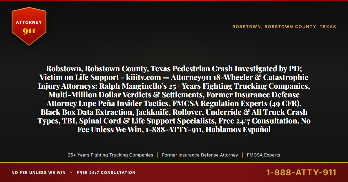 Robstown, Robstown County, Texas Pedestrian Crash Investigated by PD; Victim on Life Support - kiiitv.com — Attorney911 18-Wheeler & Catastrophic Injury Attorneys: Ralph Manginello’s 25+ Years Fighting Trucking Companies, Multi-Million Dollar Verdicts & Settlements, Former Insurance Defense Attorney Lupe Peña Insider Tactics, FMCSA Regulation Experts (49 CFR), Black Box Data Extraction, Jackknife, Rollover, Underride & All Truck Crash Types, TBI, Spinal Cord & Life Support Specialists, Free 24/7 Consultation, No Fee Unless We Win, 1-888-ATTY-911, Hablamos Español - Attorney911