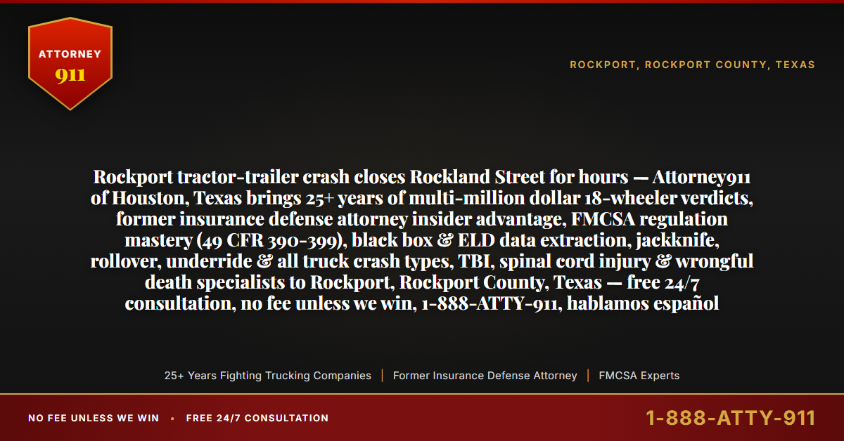 Rockport tractor-trailer crash closes Rockland Street for hours — Attorney911 of Houston, Texas brings 25+ years of multi-million dollar 18-wheeler verdicts, former insurance defense attorney insider advantage, FMCSA regulation mastery (49 CFR 390-399), black box & ELD data extraction, jackknife, rollover, underride & all truck crash types, TBI, spinal cord injury & wrongful death specialists to Rockport, Rockport County, Texas — free 24/7 consultation, no fee unless we win, 1-888-ATTY-911, hablamos español - Attorney911