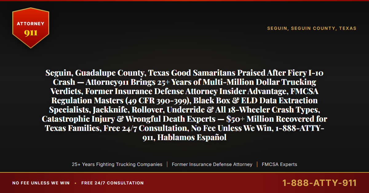 Seguin, Guadalupe County, Texas Good Samaritans Praised After Fiery I-10 Crash — Attorney911 Brings 25+ Years of Multi-Million Dollar Trucking Verdicts, Former Insurance Defense Attorney Insider Advantage, FMCSA Regulation Masters (49 CFR 390-399), Black Box & ELD Data Extraction Specialists, Jackknife, Rollover, Underride & All 18-Wheeler Crash Types, Catastrophic Injury & Wrongful Death Experts — $50+ Million Recovered for Texas Families, Free 24/7 Consultation, No Fee Unless We Win, 1-888-ATTY-911, Hablamos Español - Attorney911