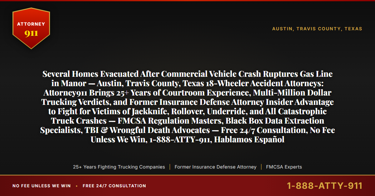 Several Homes Evacuated After Commercial Vehicle Crash Ruptures Gas Line in Manor — Austin, Travis County, Texas 18-Wheeler Accident Attorneys: Attorney911 Brings 25+ Years of Courtroom Experience, Multi-Million Dollar Trucking Verdicts, and Former Insurance Defense Attorney Insider Advantage to Fight for Victims of Jackknife, Rollover, Underride, and All Catastrophic Truck Crashes — FMCSA Regulation Masters, Black Box Data Extraction Specialists, TBI & Wrongful Death Advocates — Free 24/7 Consultation, No Fee Unless We Win, 1-888-ATTY-911, Hablamos Español - Attorney911