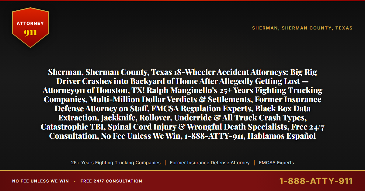 Sherman, Sherman County, Texas 18-Wheeler Accident Attorneys: Big Rig Driver Crashes into Backyard of Home After Allegedly Getting Lost — Attorney911 of Houston, TX! Ralph Manginello’s 25+ Years Fighting Trucking Companies, Multi-Million Dollar Verdicts & Settlements, Former Insurance Defense Attorney on Staff, FMCSA Regulation Experts, Black Box Data Extraction, Jackknife, Rollover, Underride & All Truck Crash Types, Catastrophic TBI, Spinal Cord Injury & Wrongful Death Specialists, Free 24/7 Consultation, No Fee Unless We Win, 1-888-ATTY-911, Hablamos Español - Attorney911