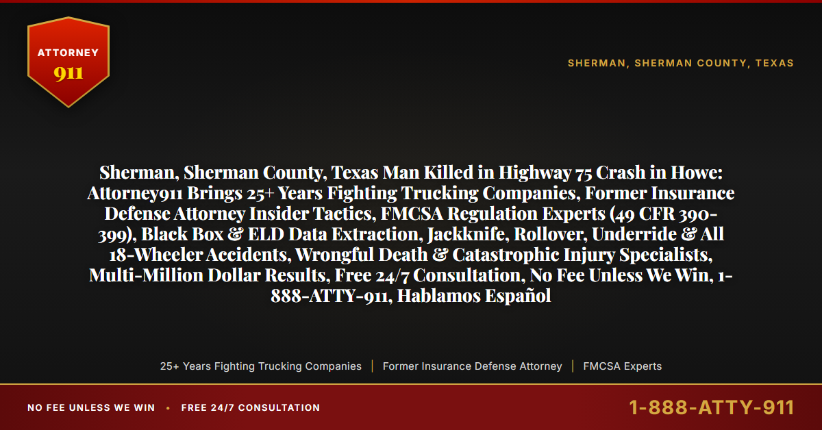 Sherman, Sherman County, Texas Man Killed in Highway 75 Crash in Howe: Attorney911 Brings 25+ Years Fighting Trucking Companies, Former Insurance Defense Attorney Insider Tactics, FMCSA Regulation Experts (49 CFR 390-399), Black Box & ELD Data Extraction, Jackknife, Rollover, Underride & All 18-Wheeler Accidents, Wrongful Death & Catastrophic Injury Specialists, Multi-Million Dollar Results, Free 24/7 Consultation, No Fee Unless We Win, 1-888-ATTY-911, Hablamos Español - Attorney911