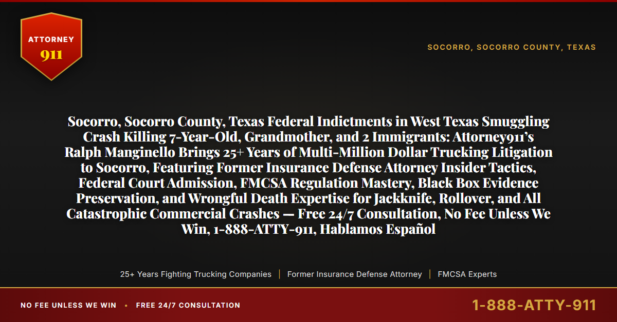 Socorro, Socorro County, Texas Federal Indictments in West Texas Smuggling Crash Killing 7-Year-Old, Grandmother, and 2 Immigrants: Attorney911’s Ralph Manginello Brings 25+ Years of Multi-Million Dollar Trucking Litigation to Socorro, Featuring Former Insurance Defense Attorney Insider Tactics, Federal Court Admission, FMCSA Regulation Mastery, Black Box Evidence Preservation, and Wrongful Death Expertise for Jackknife, Rollover, and All Catastrophic Commercial Crashes — Free 24/7 Consultation, No Fee Unless We Win, 1-888-ATTY-911, Hablamos Español - Attorney911