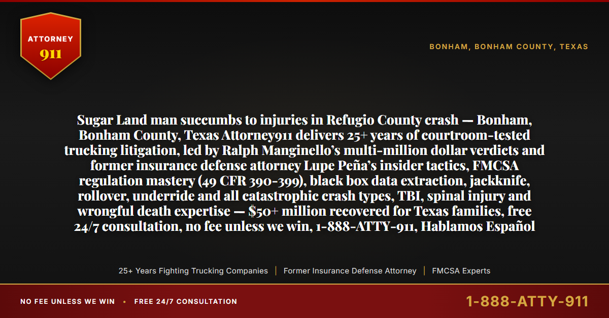 Sugar Land man succumbs to injuries in Refugio County crash — Bonham, Bonham County, Texas Attorney911 delivers 25+ years of courtroom-tested trucking litigation, led by Ralph Manginello’s multi-million dollar verdicts and former insurance defense attorney Lupe Peña’s insider tactics, FMCSA regulation mastery (49 CFR 390-399), black box data extraction, jackknife, rollover, underride and all catastrophic crash types, TBI, spinal injury and wrongful death expertise — $50+ million recovered for Texas families, free 24/7 consultation, no fee unless we win, 1-888-ATTY-911, Hablamos Español - Attorney911