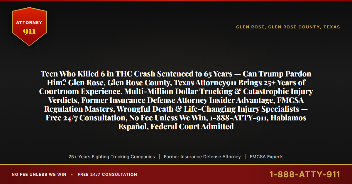 Teen Who Killed 6 in THC Crash Sentenced to 65 Years — Can Trump Pardon Him? Glen Rose, Glen Rose County, Texas Attorney911 Brings 25+ Years of Courtroom Experience, Multi-Million Dollar Trucking & Catastrophic Injury Verdicts, Former Insurance Defense Attorney Insider Advantage, FMCSA Regulation Masters, Wrongful Death & Life-Changing Injury Specialists — Free 24/7 Consultation, No Fee Unless We Win, 1-888-ATTY-911, Hablamos Español, Federal Court Admitted - Attorney911