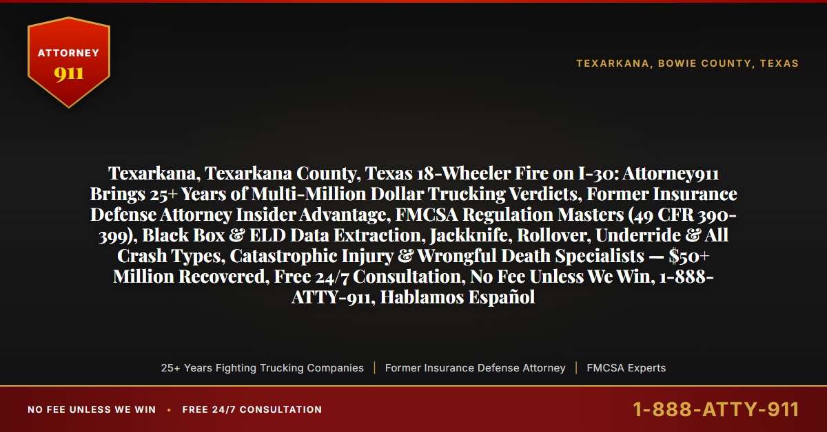 Texarkana, Texarkana County, Texas 18-Wheeler Fire on I-30: Attorney911 Brings 25+ Years of Multi-Million Dollar Trucking Verdicts, Former Insurance Defense Attorney Insider Advantage, FMCSA Regulation Masters (49 CFR 390-399), Black Box & ELD Data Extraction, Jackknife, Rollover, Underride & All Crash Types, Catastrophic Injury & Wrongful Death Specialists — $50+ Million Recovered, Free 24/7 Consultation, No Fee Unless We Win, 1-888-ATTY-911, Hablamos Español - Attorney911