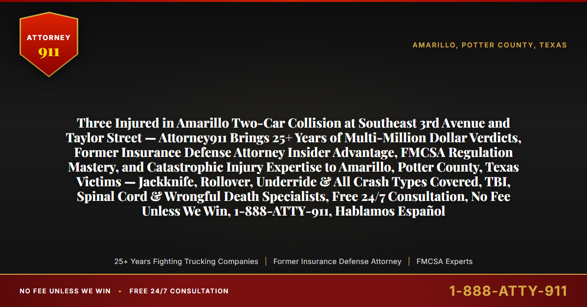 Three Injured in Amarillo Two-Car Collision at Southeast 3rd Avenue and Taylor Street — Attorney911 Brings 25+ Years of Multi-Million Dollar Verdicts, Former Insurance Defense Attorney Insider Advantage, FMCSA Regulation Mastery, and Catastrophic Injury Expertise to Amarillo, Potter County, Texas Victims — Jackknife, Rollover, Underride & All Crash Types Covered, TBI, Spinal Cord & Wrongful Death Specialists, Free 24/7 Consultation, No Fee Unless We Win, 1-888-ATTY-911, Hablamos Español - Attorney911