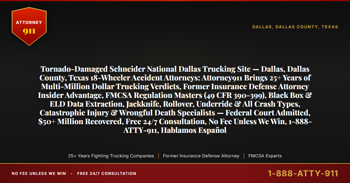 Tornado-Damaged Schneider National Dallas Trucking Site — Dallas, Dallas County, Texas 18-Wheeler Accident Attorneys: Attorney911 Brings 25+ Years of Multi-Million Dollar Trucking Verdicts, Former Insurance Defense Attorney Insider Advantage, FMCSA Regulation Masters (49 CFR 390-399), Black Box & ELD Data Extraction, Jackknife, Rollover, Underride & All Crash Types, Catastrophic Injury & Wrongful Death Specialists — Federal Court Admitted, $50+ Million Recovered, Free 24/7 Consultation, No Fee Unless We Win, 1-888-ATTY-911, Hablamos Español - Attorney911