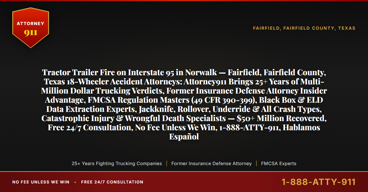 Tractor Trailer Fire on Interstate 95 in Norwalk — Fairfield, Fairfield County, Texas 18-Wheeler Accident Attorneys: Attorney911 Brings 25+ Years of Multi-Million Dollar Trucking Verdicts, Former Insurance Defense Attorney Insider Advantage, FMCSA Regulation Masters (49 CFR 390-399), Black Box & ELD Data Extraction Experts, Jackknife, Rollover, Underride & All Crash Types, Catastrophic Injury & Wrongful Death Specialists — $50+ Million Recovered, Free 24/7 Consultation, No Fee Unless We Win, 1-888-ATTY-911, Hablamos Español - Attorney911