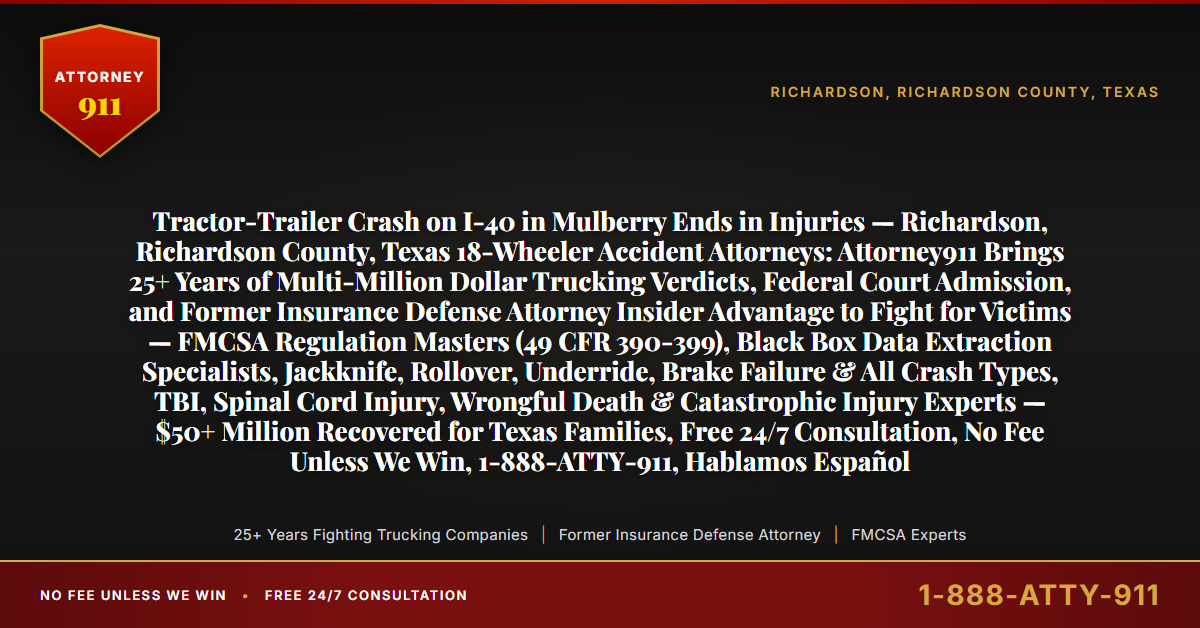 Tractor-Trailer Crash on I-40 in Mulberry Ends in Injuries — Richardson, Richardson County, Texas 18-Wheeler Accident Attorneys: Attorney911 Brings 25+ Years of Multi-Million Dollar Trucking Verdicts, Federal Court Admission, and Former Insurance Defense Attorney Insider Advantage to Fight for Victims — FMCSA Regulation Masters (49 CFR 390-399), Black Box Data Extraction Specialists, Jackknife, Rollover, Underride, Brake Failure & All Crash Types, TBI, Spinal Cord Injury, Wrongful Death & Catastrophic Injury Experts — $50+ Million Recovered for Texas Families, Free 24/7 Consultation, No Fee Unless We Win, 1-888-ATTY-911, Hablamos Español - Attorney911