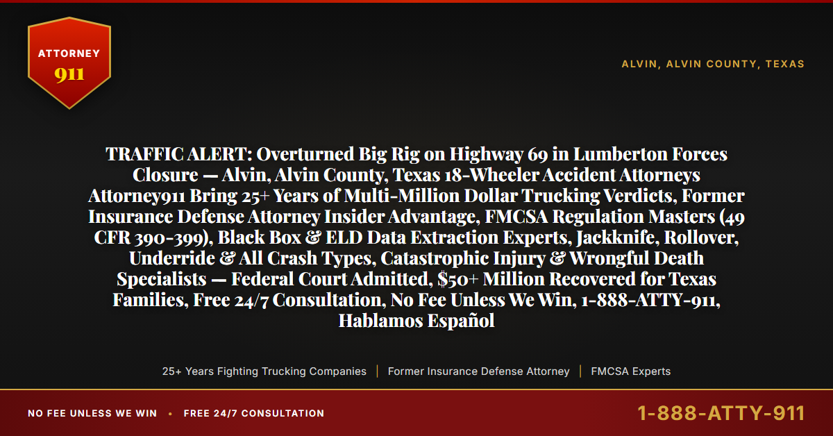 TRAFFIC ALERT: Overturned Big Rig on Highway 69 in Lumberton Forces Closure — Alvin, Alvin County, Texas 18-Wheeler Accident Attorneys Attorney911 Bring 25+ Years of Multi-Million Dollar Trucking Verdicts, Former Insurance Defense Attorney Insider Advantage, FMCSA Regulation Masters (49 CFR 390-399), Black Box & ELD Data Extraction Experts, Jackknife, Rollover, Underride & All Crash Types, Catastrophic Injury & Wrongful Death Specialists — Federal Court Admitted, $50+ Million Recovered for Texas Families, Free 24/7 Consultation, No Fee Unless We Win, 1-888-ATTY-911, Hablamos Español - Attorney911
