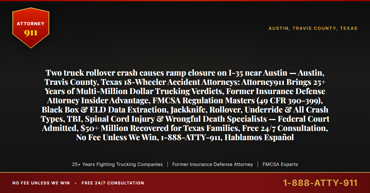 Two truck rollover crash causes ramp closure on I-35 near Austin — Austin, Travis County, Texas 18-Wheeler Accident Attorneys: Attorney911 Brings 25+ Years of Multi-Million Dollar Trucking Verdicts, Former Insurance Defense Attorney Insider Advantage, FMCSA Regulation Masters (49 CFR 390-399), Black Box & ELD Data Extraction, Jackknife, Rollover, Underride & All Crash Types, TBI, Spinal Cord Injury & Wrongful Death Specialists — Federal Court Admitted, $50+ Million Recovered for Texas Families, Free 24/7 Consultation, No Fee Unless We Win, 1-888-ATTY-911, Hablamos Español - Attorney911
